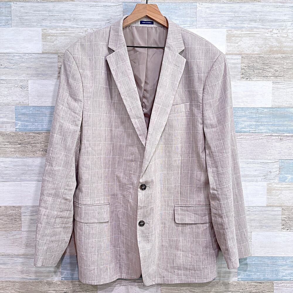 Stafford Linen Summer Sport Coat Jacket Beige Prince Of Wales Check Mens 50R
